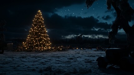 Obraz premium A large Christmas tree glows brightly in the snowy night, casting a warm light against the dark sky.