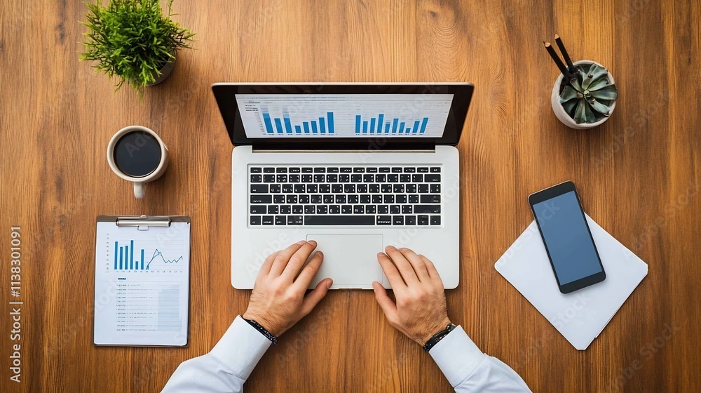 Poster laptop with business graphs and smartphone on desk,representing modern tech-driven business