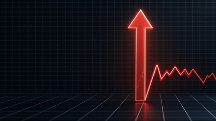 Fototapeta premium Red arrow pointing up with fluctuating line graph on a dark background, symbolizing growth. signifying progress and success.