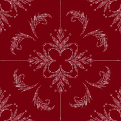 An intricate red floral pattern with symmetrical designs, featuring delicate leaves and swirls, perfect for wallpapers, fabric designs, or digital backgrounds