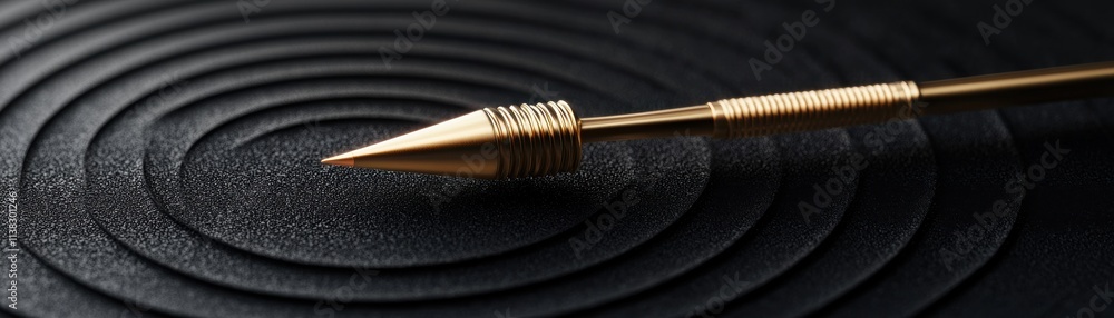 Poster a close-up of a gold-tipped spear resting on dark, concentric circles, creating an intriguing contra