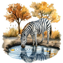 A serene scene of a zebra drinking from a calm pond, surrounded by autumn trees with vibrant foliage reflecting in the water.