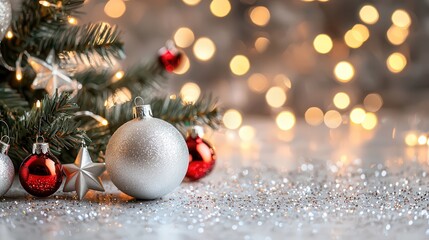 A festive silver-themed abstract design with glowing bokeh lights,