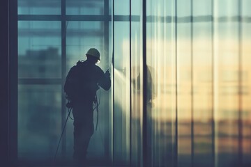 Fototapeta premium Silhouette of an Industrial Worker Cleaning Glass Facade at Sunset with Reflection Creating a Stunning Visual in Urban Setting