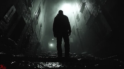 A silhouetted figure stands in a foggy, dimly lit alley, evoking mystery and suspense.