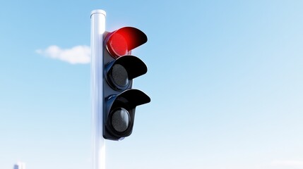 A traffic light displaying a red signal against a blue sky.