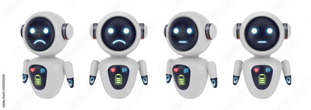 Poster Upset or displeased robot personage with sad emotion on display. Vector isolated set of realistic robots characters. Cute minimalist toy with emotional response and mean of communication