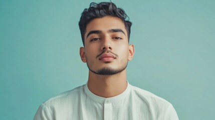 Obraz premium Portrait of handsome modern muslim man with natural make-up posing on soft color background in studio. Facial skin care