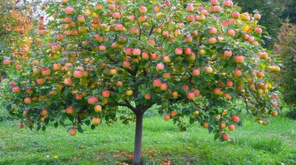 Fruit trees laden with ripe apples ready
