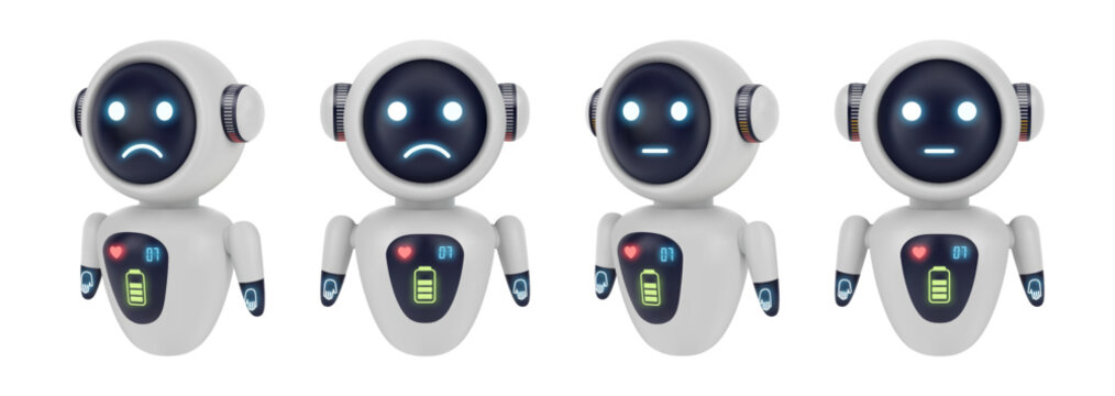 Upset or displeased robot personage with sad emotion on display. Vector isolated set of realistic robots characters. Cute minimalist toy with emotional response and mean of communication