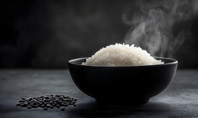 minimalist setup with a black bowl of rice and subtle steam on a dark background