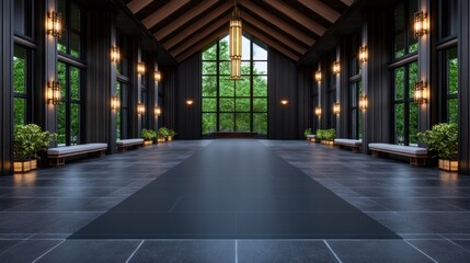 Elegant interior space with large windows and natural greenery.