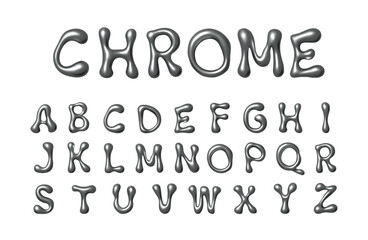 Glossy silver effect on letters and numbers. Vector isolated 3d liquid chrome fonts for trendy y2k design. Typography lettering and ABC with blobs and realistic aluminum reflective surface