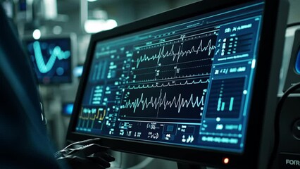 A close-up shot of a medical monitor displaying vital signs. The screen shows a heart rate and other important data. The setting appears to be a hospital or intensive care unit.