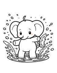 coloring book - a black and white cartoon drawing of a cute baby elephant playing in water. The elephant is standing in a small puddle, with water splashing around its feet