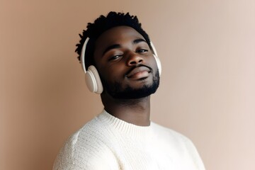 Obraz premium young man, stylish portrait, black man, confident look, side profile, wearing headphones, modern headphones, beige background, calm expression, audio listening in a cozy sweater