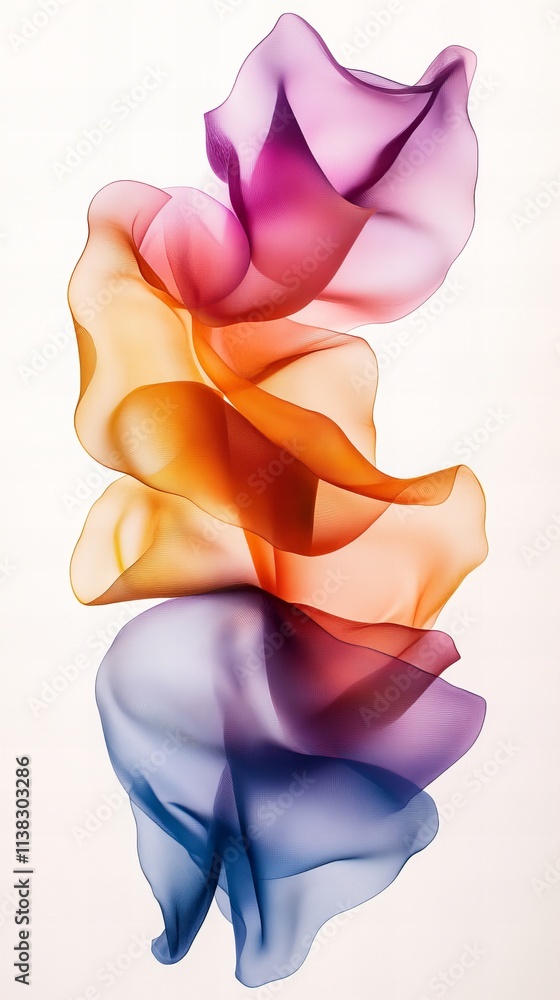 Poster colorful abstract ribbons of translucent fabric swirling gracefully, creating an elegant and dynamic