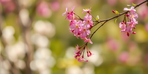 Obraz premium Delicate pink blossoms on a slender branch against a softly blurred background of pastel hues