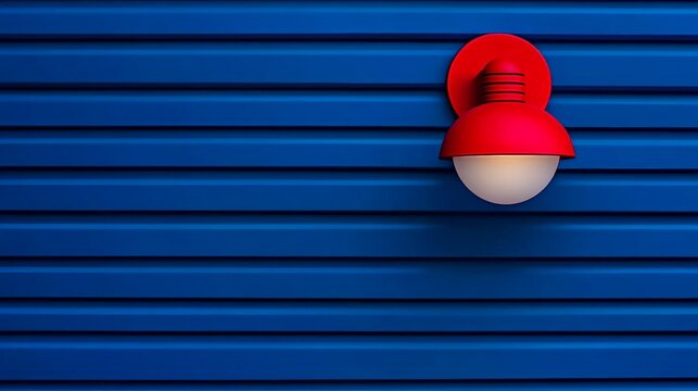 Red Wall Lamp: A minimalist photograph of a red lamp mounted on a blue wall, with the light emanating from the bulb.  The simple composition creates a sense of calm and serenity. - Powered by Adobe