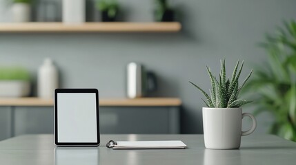 Minimalist Workspace with Tablet,Notebook and Coffee Mug Representing Daily Professional Routine