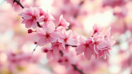 A delicate cluster of pink blossoms on a branch, their petals unfurling in the gentle breeze, showcasing the beauty of spring's arrival.