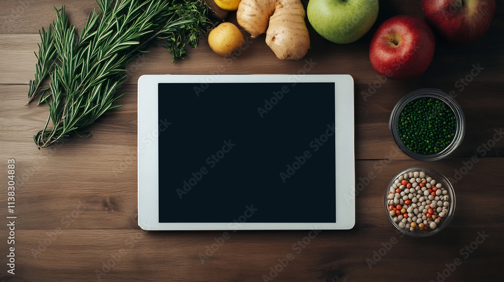 Aufkleber digital tablet on wooden desk with business data visualization and analysis