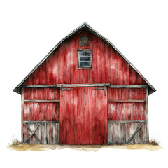 Red wooden barn with a sliding door and a window, isolated on white background. A classic representation of rustic architecture in the countryside.