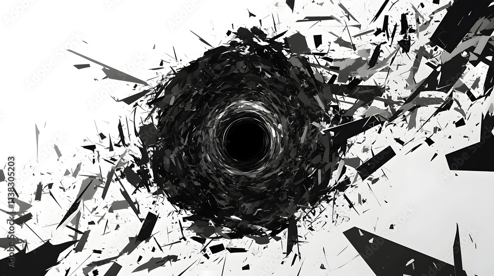 Poster abstract grayscale artwork depicting a vortex of shattered fragments, creating a dramatic and intens