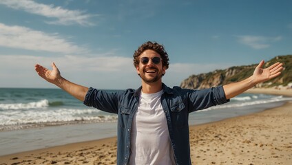 Happy traveler with hands up standing at the beach - Delightful man enjoying success and freedom outdoors 