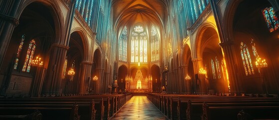 Fototapeta premium Majestic cathedral interior with stained glass windows and warm lighting.