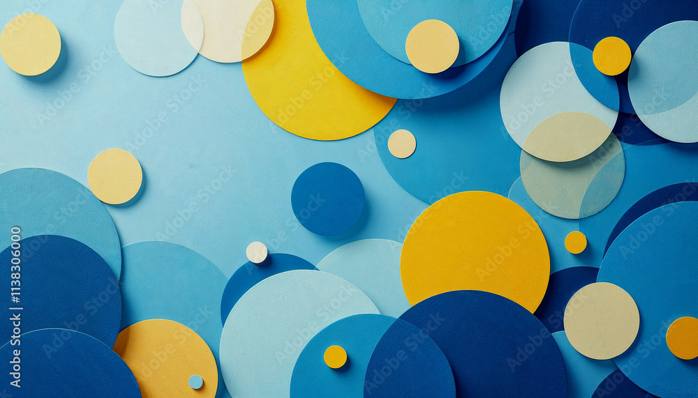 Poster abstract blue and yellow background with various shapes and circles