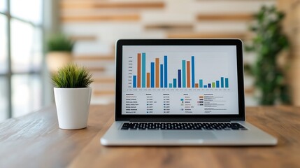Businesswoman Reviewing Analytics Report on Laptop in Modern Office