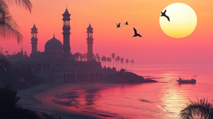 Obraz premium Serene Sunset Over Mosques and Ocean Shoreline