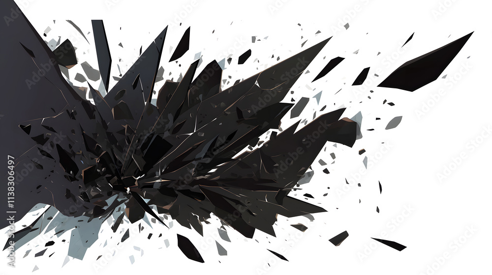 Poster abstract black and white shattered explosion. dynamic, high-energy graphic design element with sharp