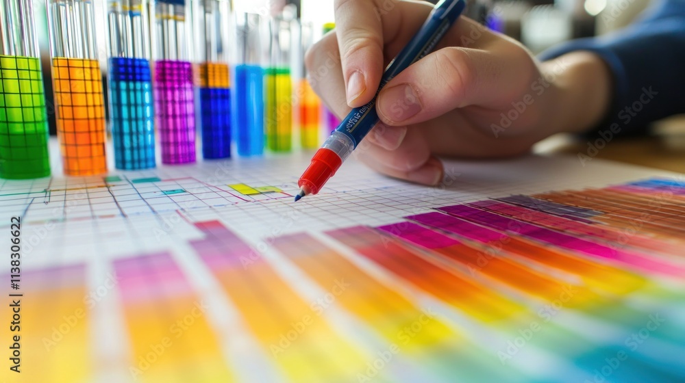 Poster a student drawing a colorful graph on graph paper, using a ruler and markers for a school project