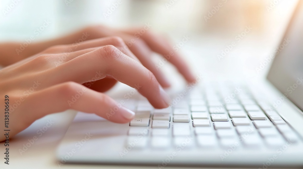 Aufkleber focused hands typing financial data on keyboard in tidy office space