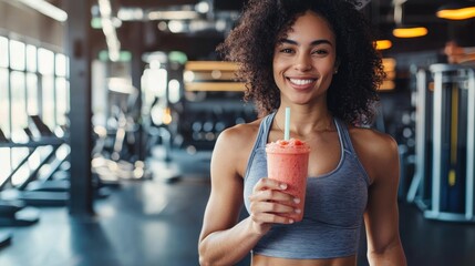 A fitness enthusiast holding a grapefruit smoothie, smiling after a workout in a modern gym setting