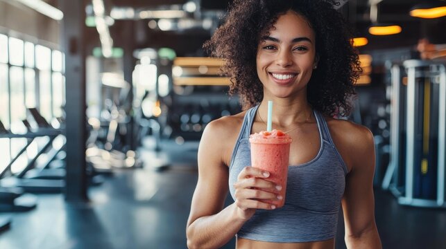 A fitness enthusiast holding a grapefruit smoothie, smiling after a workout in a modern gym setting