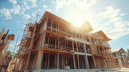 Stunning View of a Large Wooden Framework in Construction Under Bright Sunlight with Clear Blue Sky and Soft Fluffy Clouds in an Urban Setting