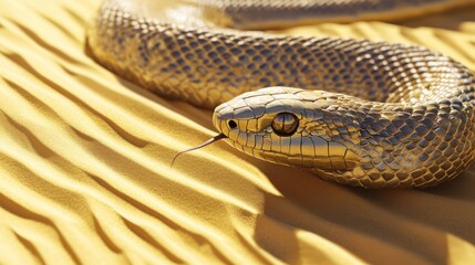 Obraz premium A beautiful snake moving across golden sand in a vast desert. Its shiny scales reflect sunlight while its tongue tastes the warm air of the serene landscape.