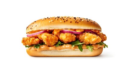 Delicious spicy burger on a white background. Delicious pizza elegance: fresh, simple, and mouthwatering.