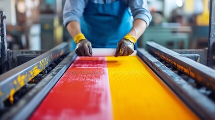 Printing Press Operator Feeding Paper into Vibrant Ink Blending Machine