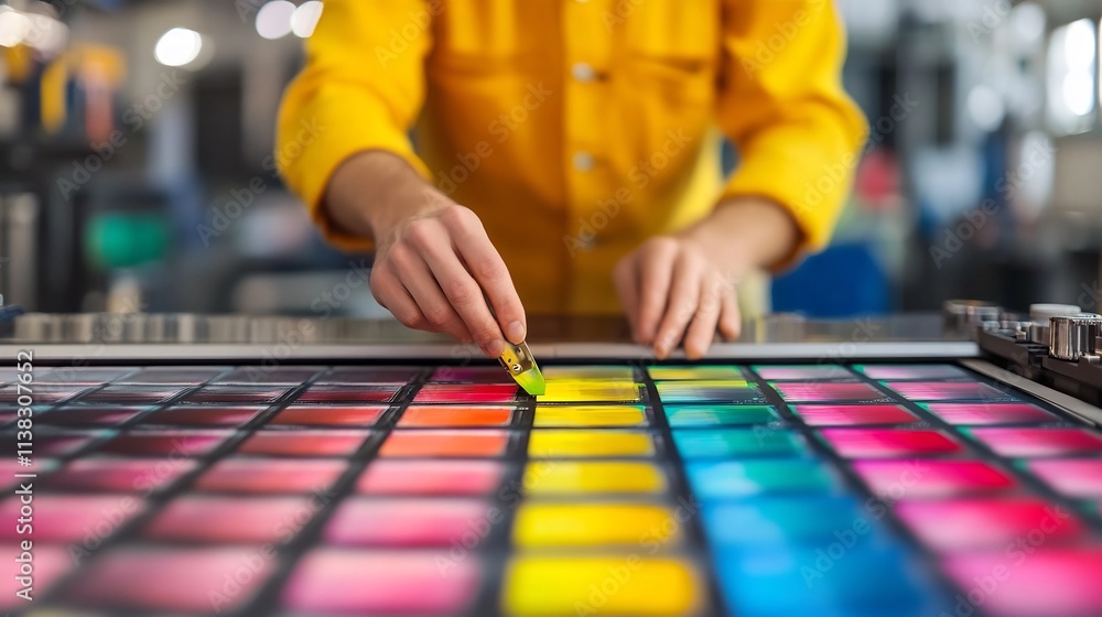 Poster color technician adjusting ink levels on printing press for consistent batch production