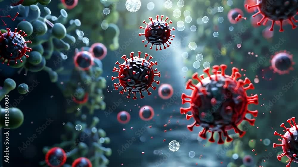 Poster microscopic virus world: a 3d rendering of viruses, intricate and detailed, showcasing their complex