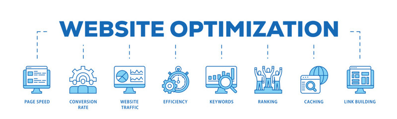 Website optimization infographic icon flow process which consists of page speed, conversion rate, website traffic, efficiency, keywords, ranking, caching  icon live stroke and easy to edit . © Juaran