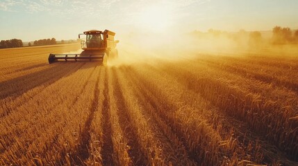 Fototapeta premium A combine harvester working through a grainfield during harvest season, with dust rising in the sunlight
