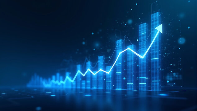 A conceptual image featuring a blue gradient background with glowing holographic financial elements, such as bar graphs, line charts, and stock trend indicators