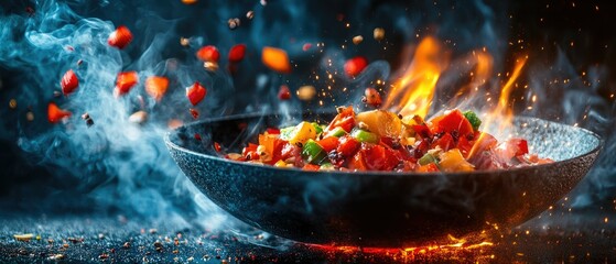 Fiery wok stir-fry with colorful vegetables, smoke and flames.