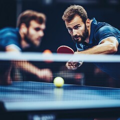 Two men engaged in a competitive table tennis match, focusing on their gameplay.