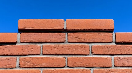 Obraz premium Brick Wall Against Blue Sky: A close-up view of a red brick wall, showcasing its textured surface and the way the bricks are laid. The clear blue sky provides a stark contrast.